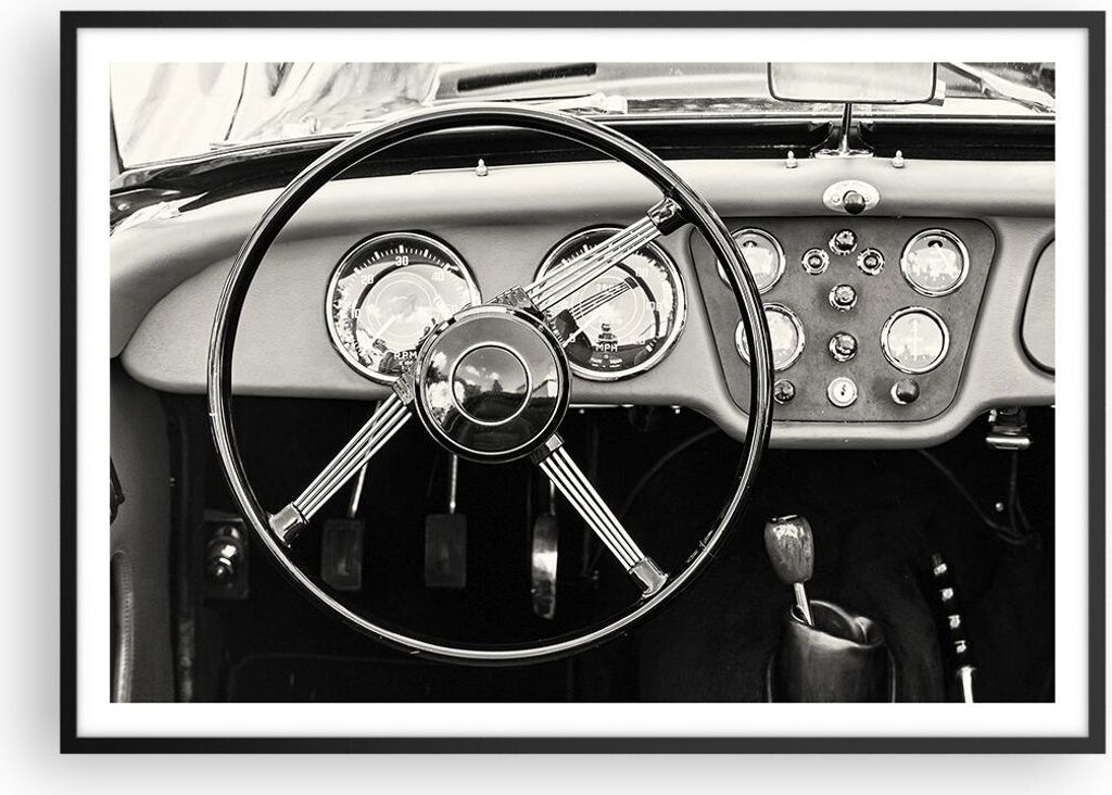 Gerahmtes Poster - Schwarzer Rahmen - Lenkrad Auto Vintage - 100x70 cm - Wand Bild - Wanddeko - Wandbilder - Kunstposter - Wandposter - Bilderrahme...