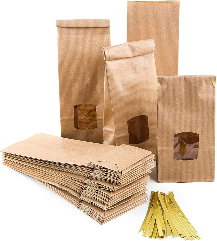 Logbuch-Verlag 10 große Blockbodenbeutel braun mit Fenster + Clips Papiertüten lebensmittelecht Papierbeutel mit Boden 10,5 x 6,5 x 29 cm Verpack...