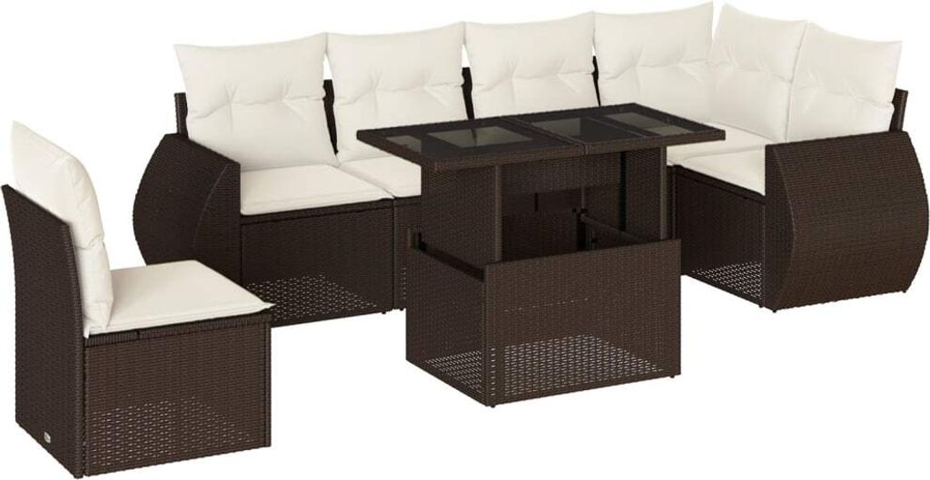 7-tlg. Garten-Sofagarnitur mit Kissen Braun Poly Rattan