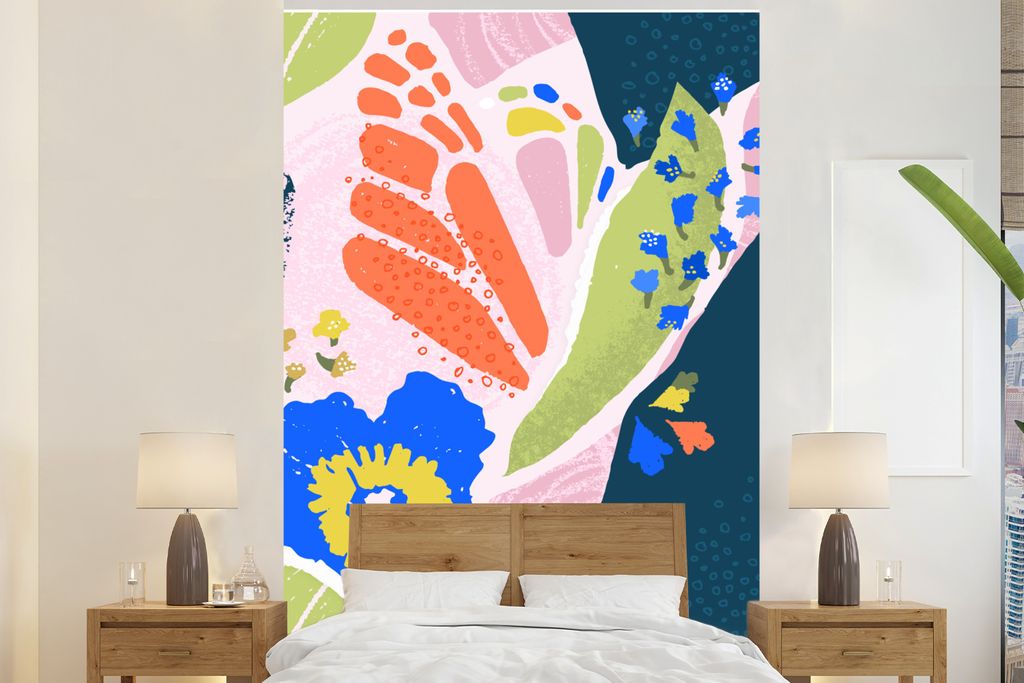MuchoWow Fototapete für Wohnzimmer oder Schlafzimmer Wandtapete Vinyl Motivtapete Blumen - Muster - Abstrakt - 155x240 cm - Tapete