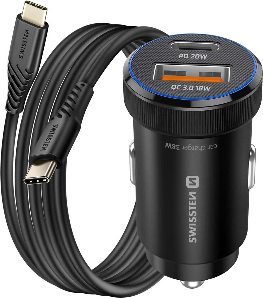 Swissten, Auto Ladegerät USB-C 20W / USB-A QC3.0 mit USB-C Kabel, Schwarz