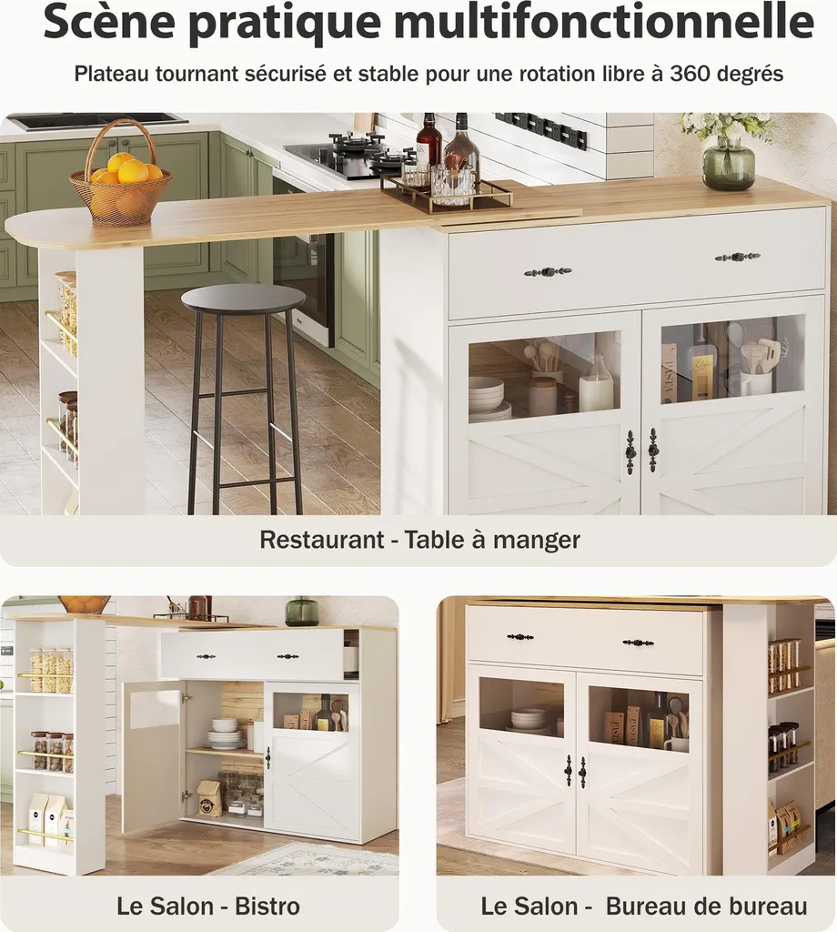 Table de Bar Pivotante 360° Extensible en MDF Blanc avec Rangement - 3