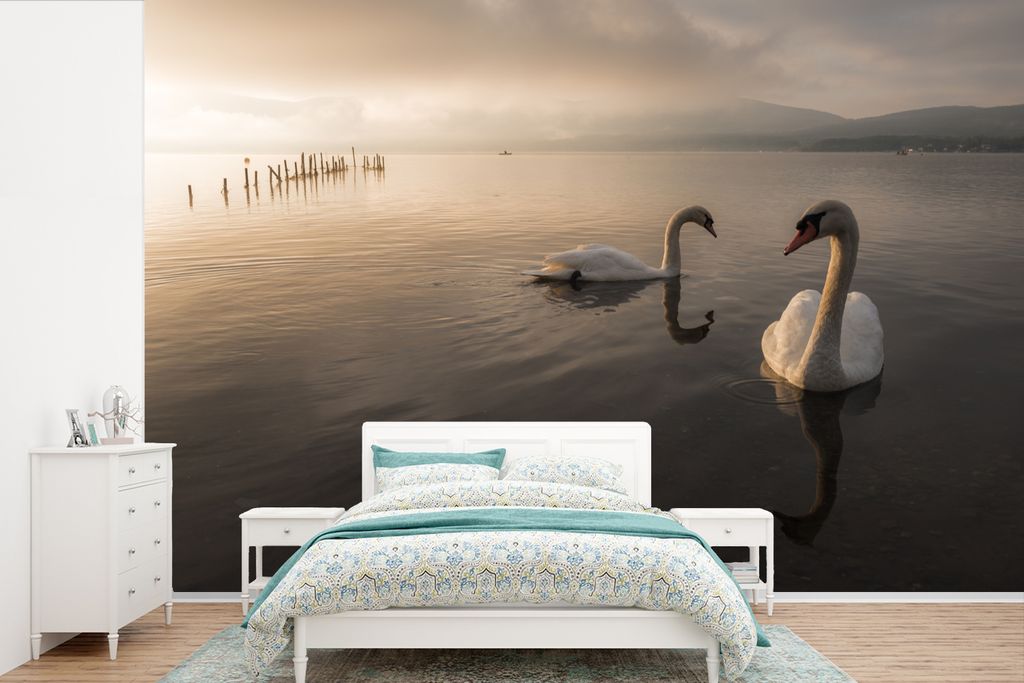MuchoWow Fototapete für Wohnzimmer oder Schlafzimmer Wandtapete Vinyl Motivtapete Schwäne - Vogel - Wasser - 600x400 cm - Vinyltapeten