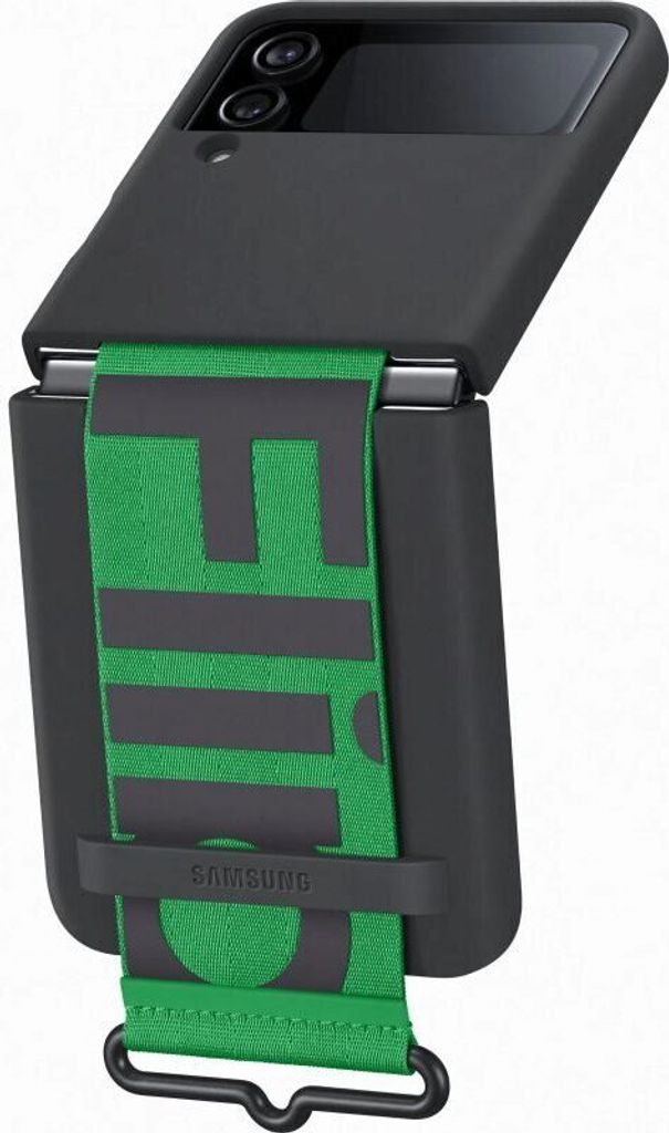 A black Samsung Galaxy Z Flip4 phone case with a green strap is shown against a white background.