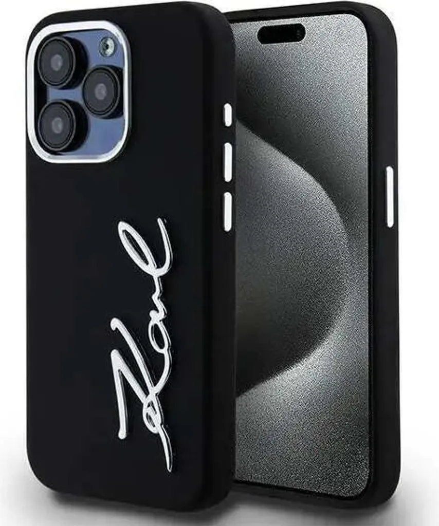 Karl Lagerfeld iPhone 15 Pro Case Silicone Metal Script Logo Black