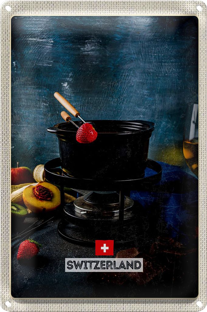 Blechschild Reise 18x12cm Schweiz Süße Dessert Obst Schokolade