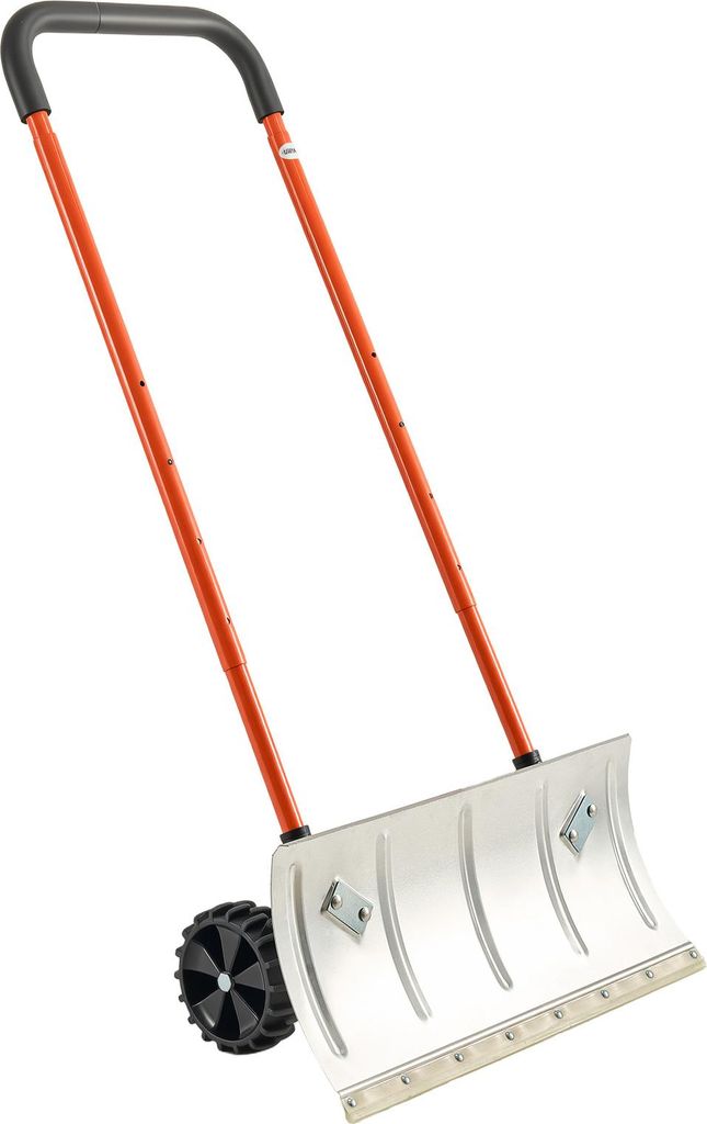 A snow shovel with wheels and an adjustable handle, shown against a white background.