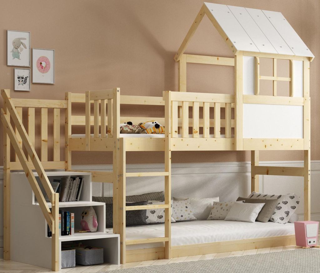 A wooden bunk bed with a house-like structure on top, featuring stairs and a ladder, set against a light brown wall.