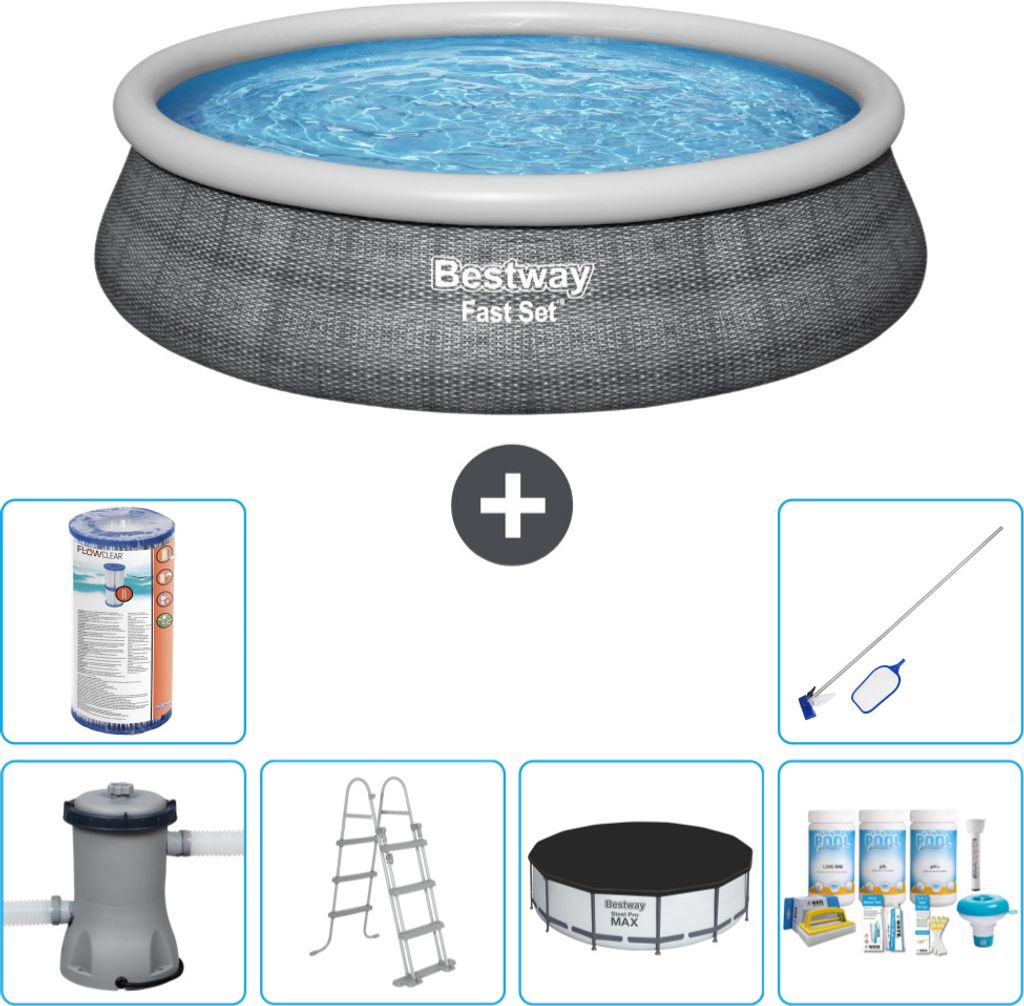Bestway runder aufblasbarer Fast-Set-Schwimmpool – Rattan-Druck – 457 x 107 cm – inklusive Pumpe – Leiter Abdeckung - Wartungspaket - Filte...