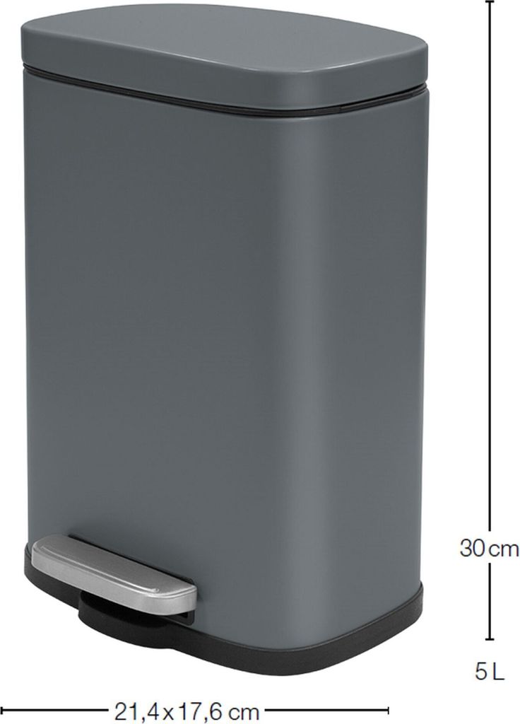 A gray pedal trash can with dimensions indicated.