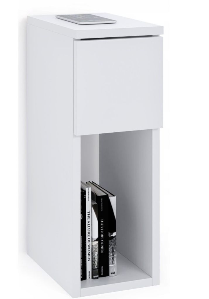 A white, modern, narrow nightstand with a drawer and an open shelf.