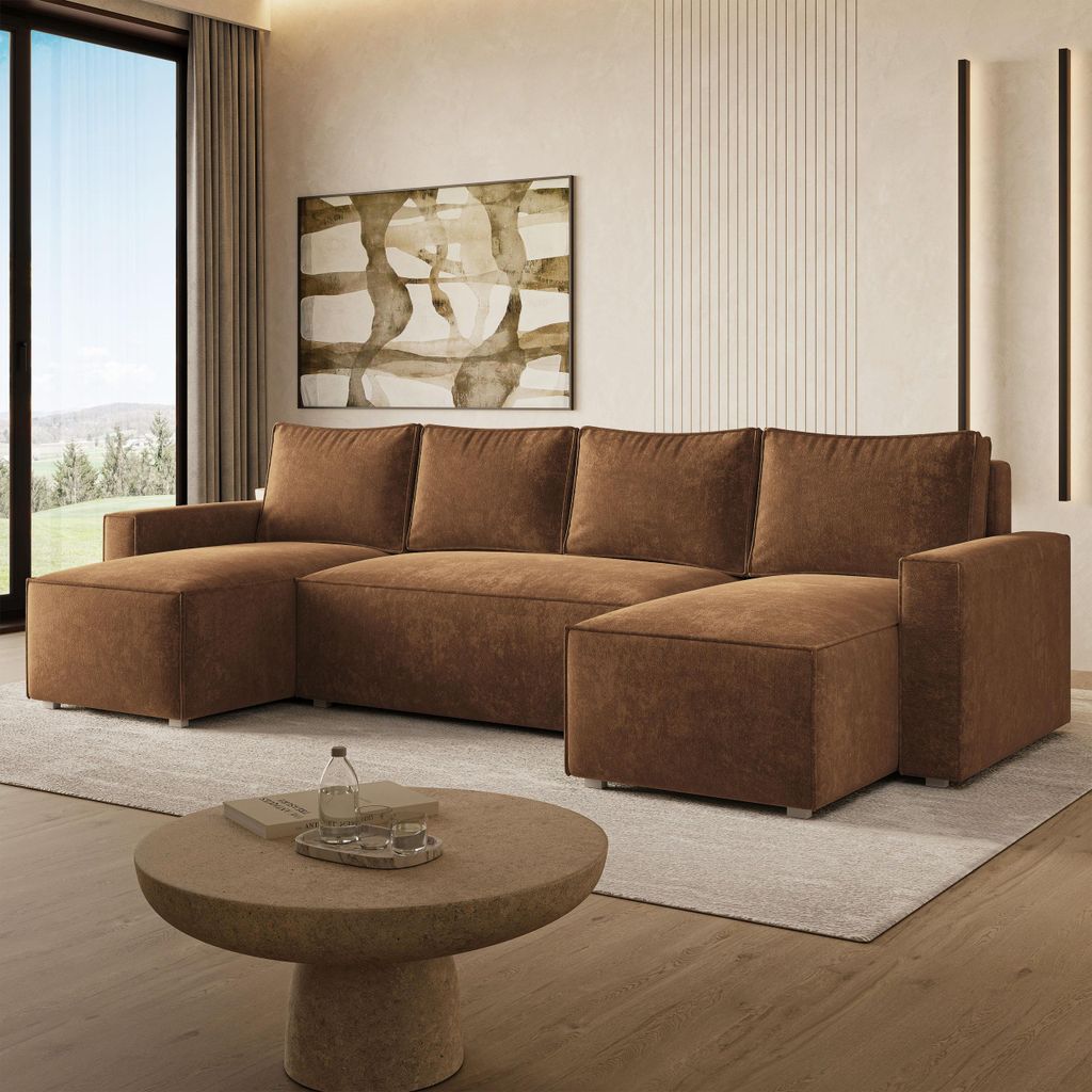 Masseno Ecksofa ASPRA LM mit Schlaffunktion U-Form, Sofa mit Bettkasten, Wohnzimmersofa, Couch, Soffa, Bettsofa, Couchgarnitur- Braun, LUMO 35