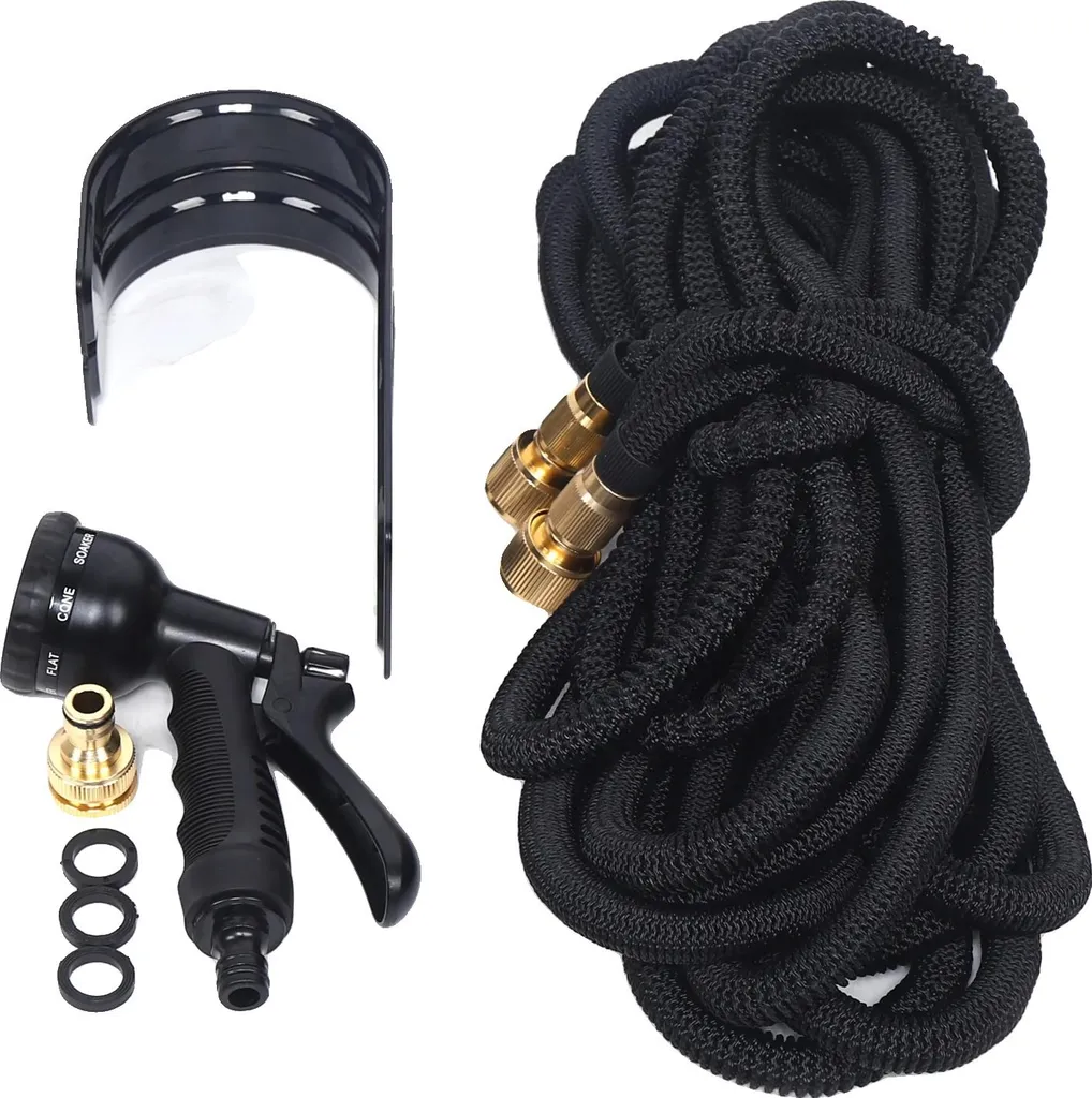 Tuyau d'arrosage extensible 30m noir avec pistolet 8 jets haute qualité