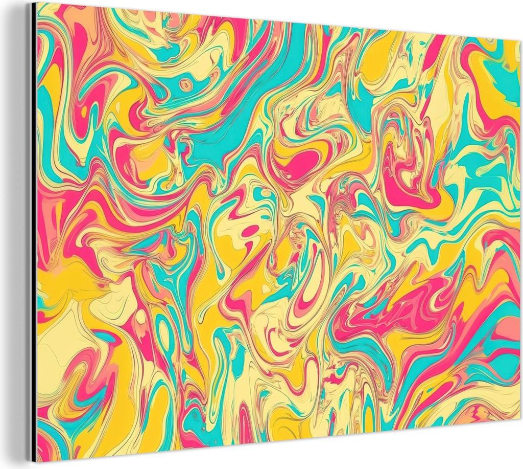 MuchoWow Wanddekoration Metall Metallbild Wandkunst 60x40 cm Gelb - Rosa - Blau - Retro MuchoWow Aluminium Gemälde - Gemälder