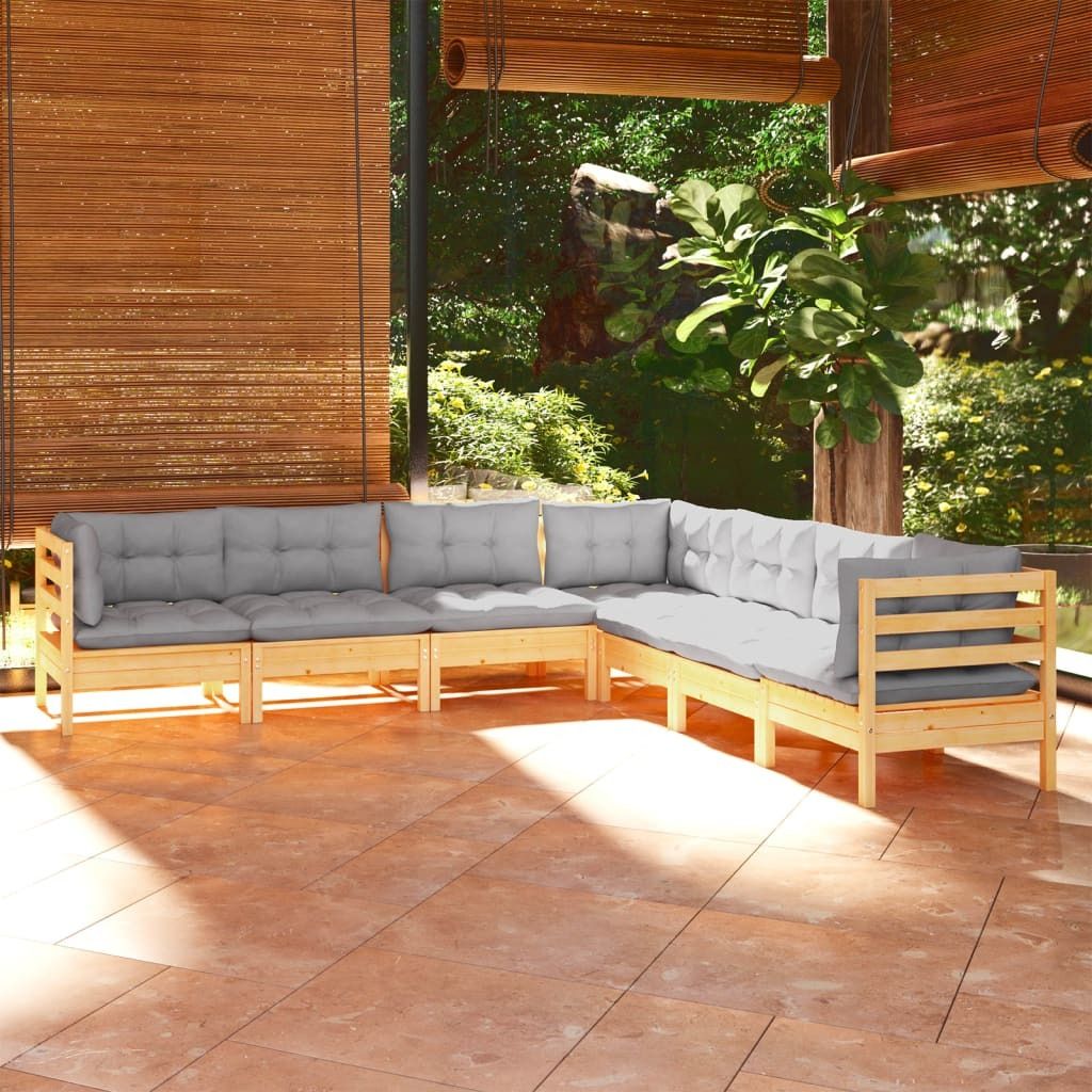 Möbel 7-tlg. Garten-Lounge-Set mit Grauen Kissen Kiefer Massivholz - Balkonmöbel 3096790