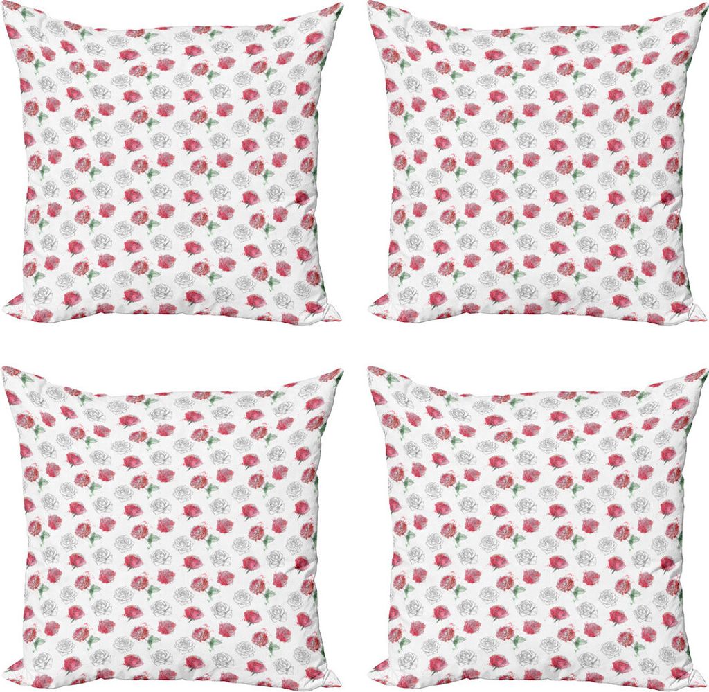 ABAKUHAUS Vintage Rose Kissenbezug Set (4 Stück), Blumen Skizze-Kunst, Moderner Doppelseitiger Digitaldruck, 40 cm x 40 cm, Laurel Grün Pastellrosa