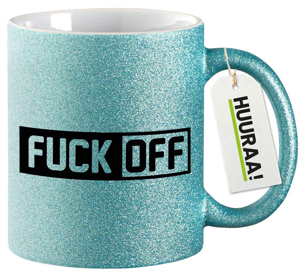 Huuraa Glitzertasse Fuck Off Schriftzug 330ml Blau Keramik Kaffeebecher Geschenkidee