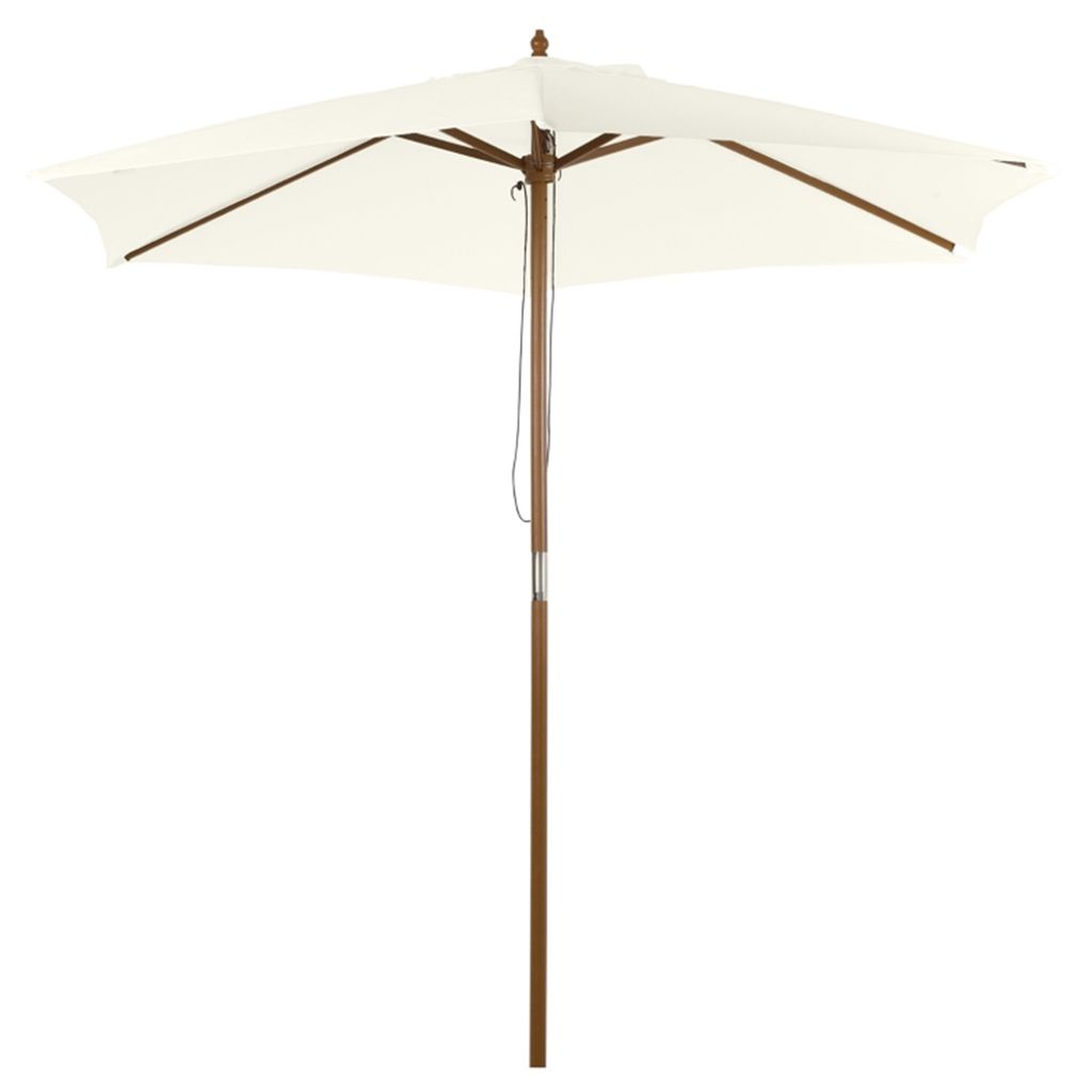 A white rectangular patio umbrella with a wooden pole and frame, shown against a white background.