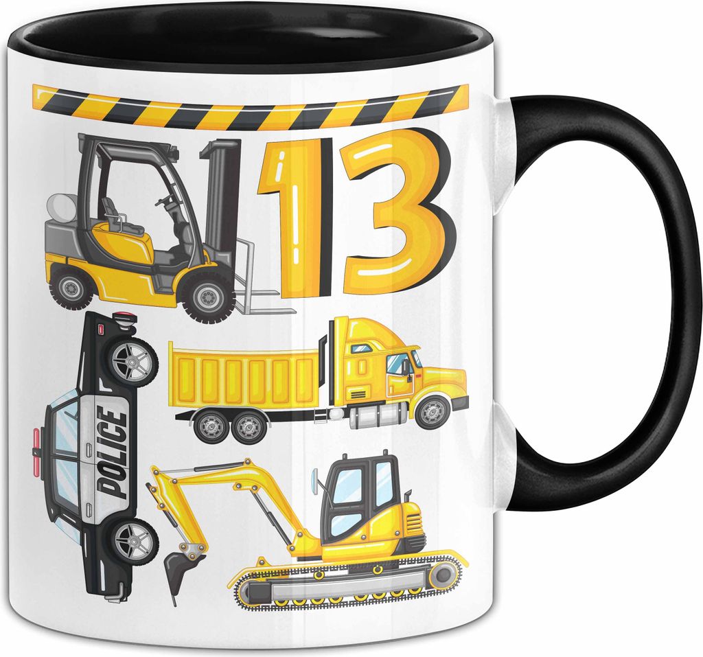 13. Geburtstag Geschenk Tasse Becher Jungen Jungs Baustelle Polizei Geburtstagsgeschenk 13 Teenager (Schwarz)
