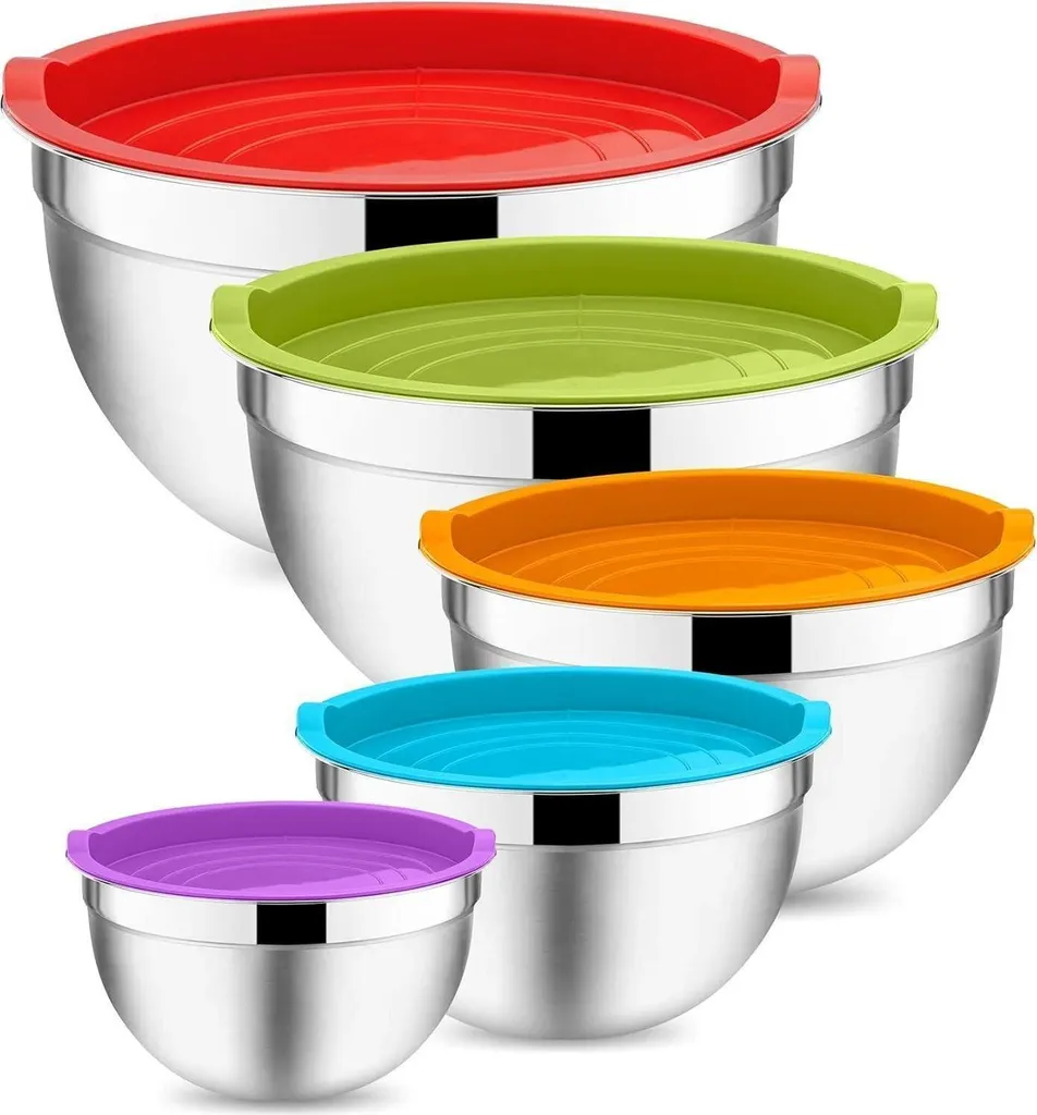 Set 5 Insalatiere Acciaio Inox Design Moderno | Coperchi Ermetici Neri
