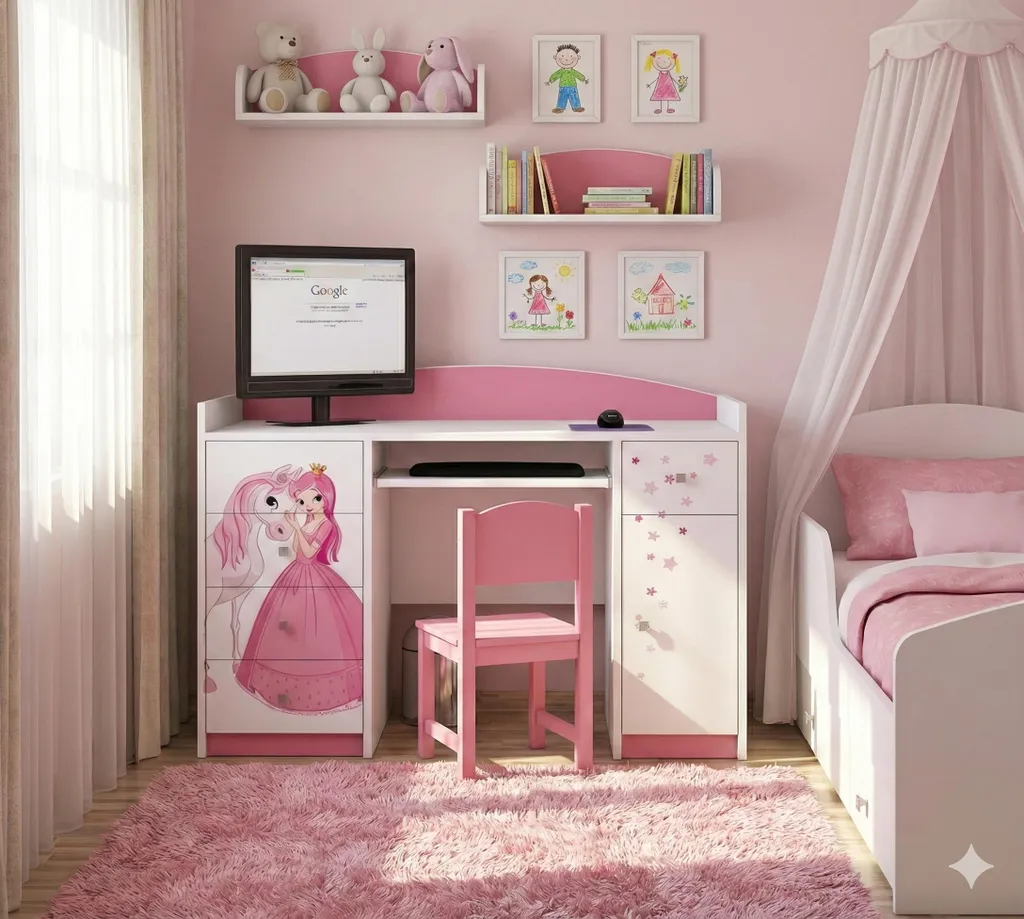 Bureau enfant ergonomique pour optimiser l'espace et le rangement rose