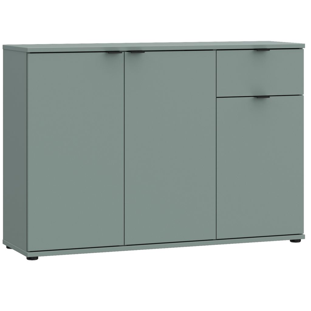 A front view of a sage green sideboard with three doors and one drawer, set against a white background.