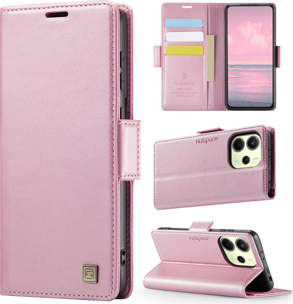 Lederhülle für Xiaomi Redmi Note 14 4G, RFID Schutz Handyhülle mit Magnetverschluss, Kartenfächern und Ständer Pink