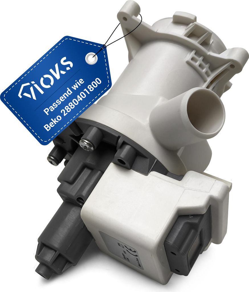 A washing machine drain pump with a product tag attached.