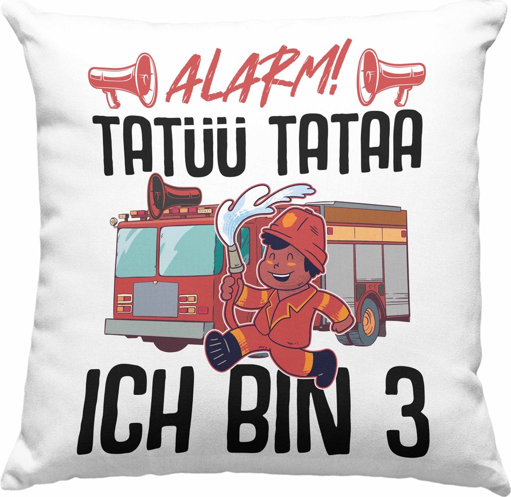 Trendation - 3. Geburtstag Geschenk Jungs Feuerwehr Deko-Kissen mit Füllung 40x40 Geschenke Zubehör Lustig Kinder Geburtstag Spruch Ich Bin 3 (Grau)