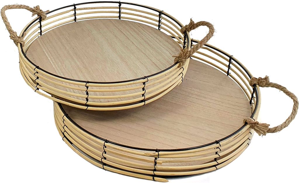 Tablett mit Trageseil aus BAMBUS RATTAN - 2er Set - 41 / 36 cm