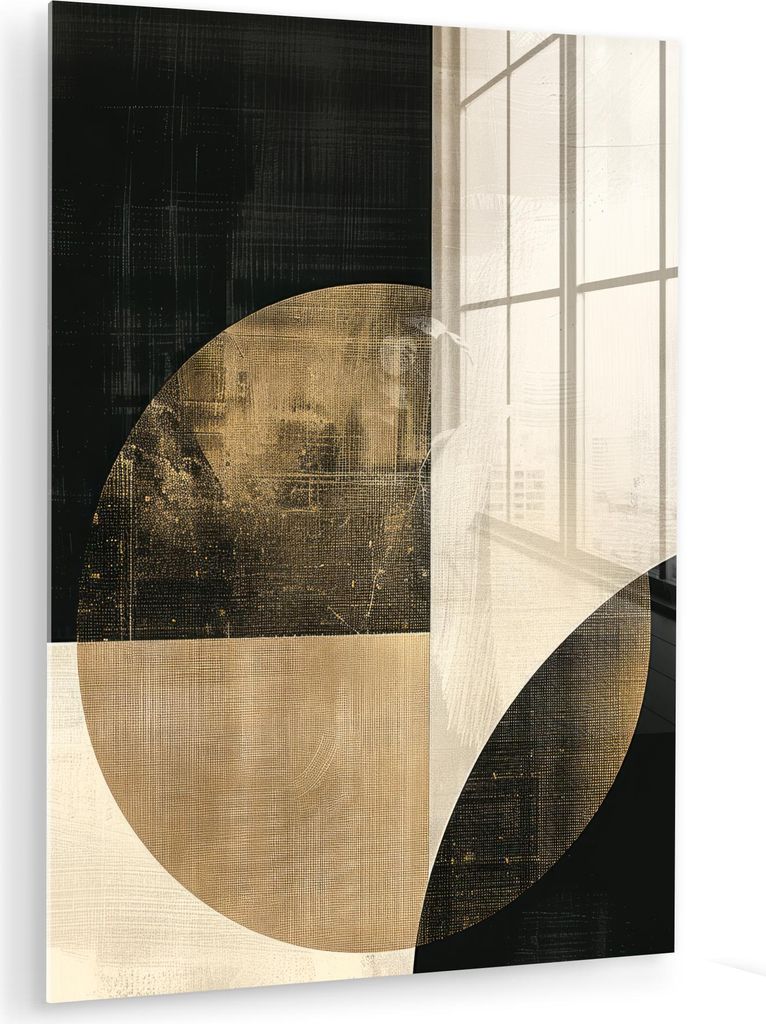 MuchoWow Glasbilder - Bilder auf Wandbild - Foto auf Glas Abstrakt - Geometrische Formen - Schwarz - Gold 30x40 cm Wanddekoration aus Glas - Acrylg...