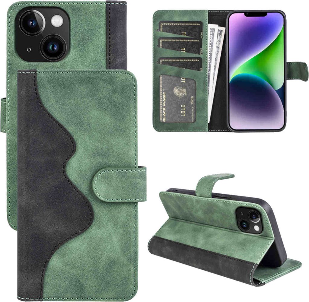 Für Apple iPhone 15 Plus Design Handy Tasche Grün Etuis Kunst-Leder Hülle Cover