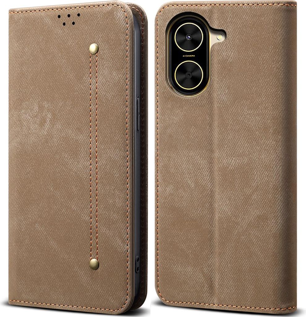 Hülle für Xiaomi Redmi A5 4G/Poco C71 Leder Brieftasche Flip Bookstyle Schutzhülle mit Standfunktion Khaki