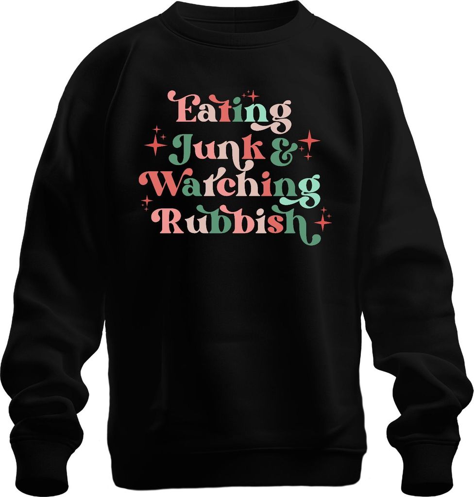 Eating Junk Watching Rubbish Binge Couch Wochenende Lustig Uni Sweatshirt Pullover, Schwarz, S