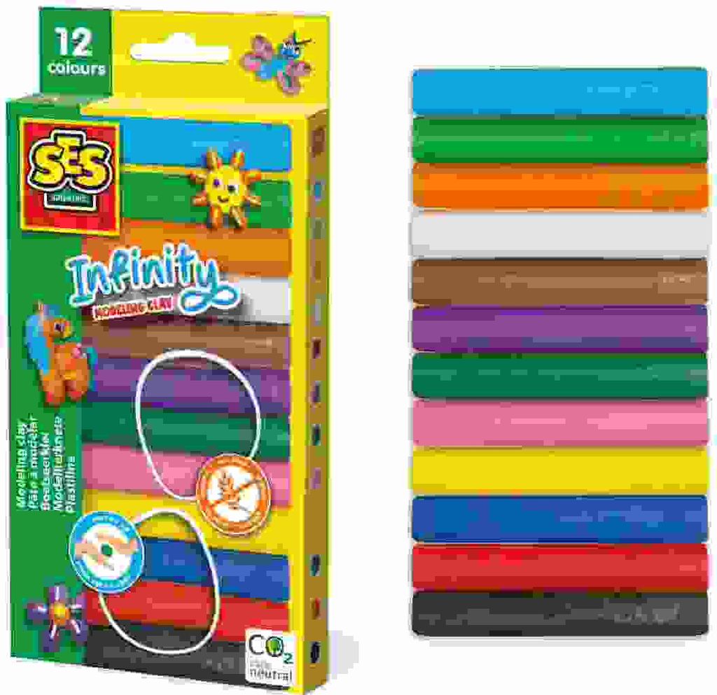 SES Creative 00406 Infinity Modellierknete, 12 Farben, 180g - Nicht Austrocknende Knetmasse für Kinder ab 3 Jahren, Modellierton, Mehrfarbig, Kind...