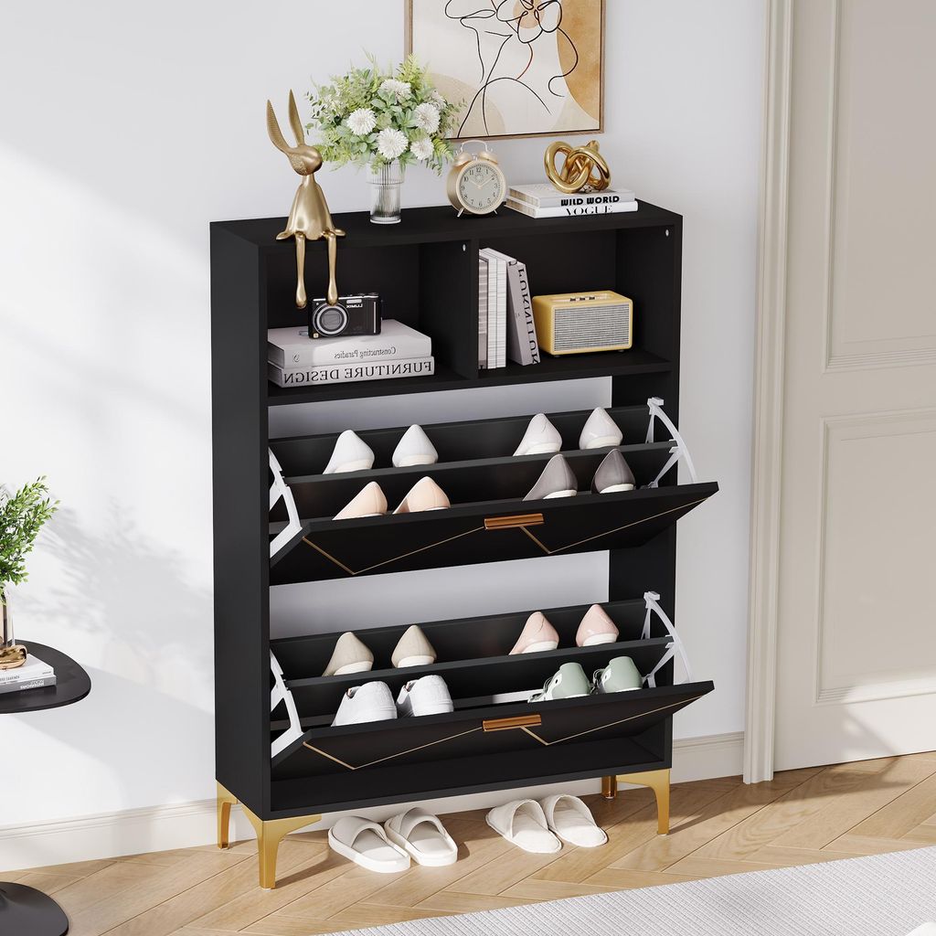 MODFU Schuhschrank Schuhständer mit 2 unteren Klapptüren,Schuhregal mit wandverriegelnden Dehnschrauben,Wohnzimmerschrank mit Anti-Dumping-Design...