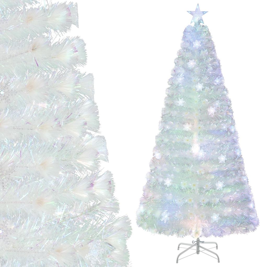A white artificial Christmas tree with colorful LED lights and a star topper, shown in two views.