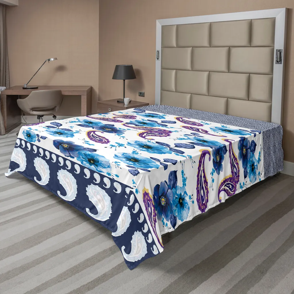 ABAKUHAUS Drap de Lit Paisley Bleu Azur Motif Oriental 244 x 205 cm