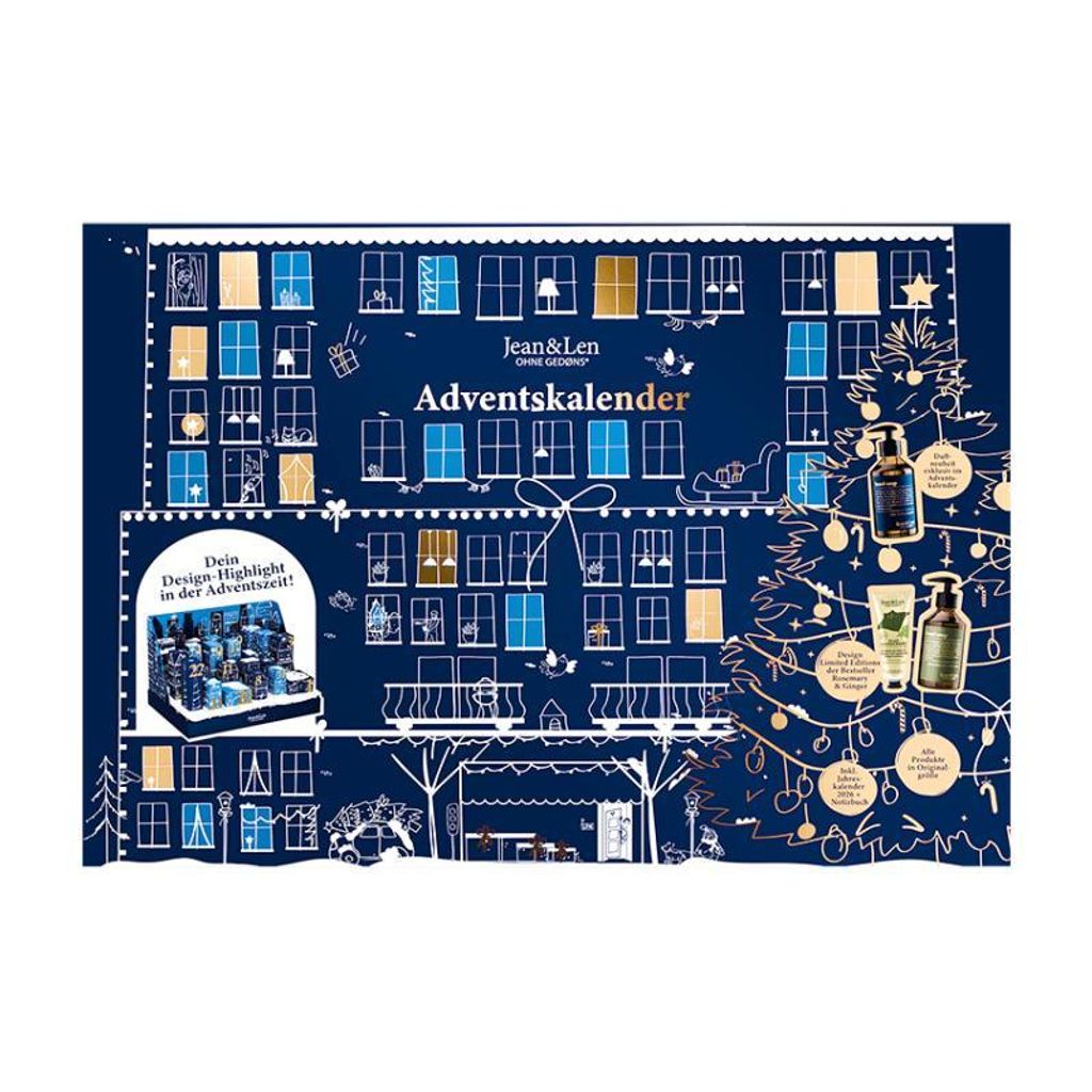 A dark blue background with illustrations of windows, a Christmas tree, and products, representing an advent calendar.