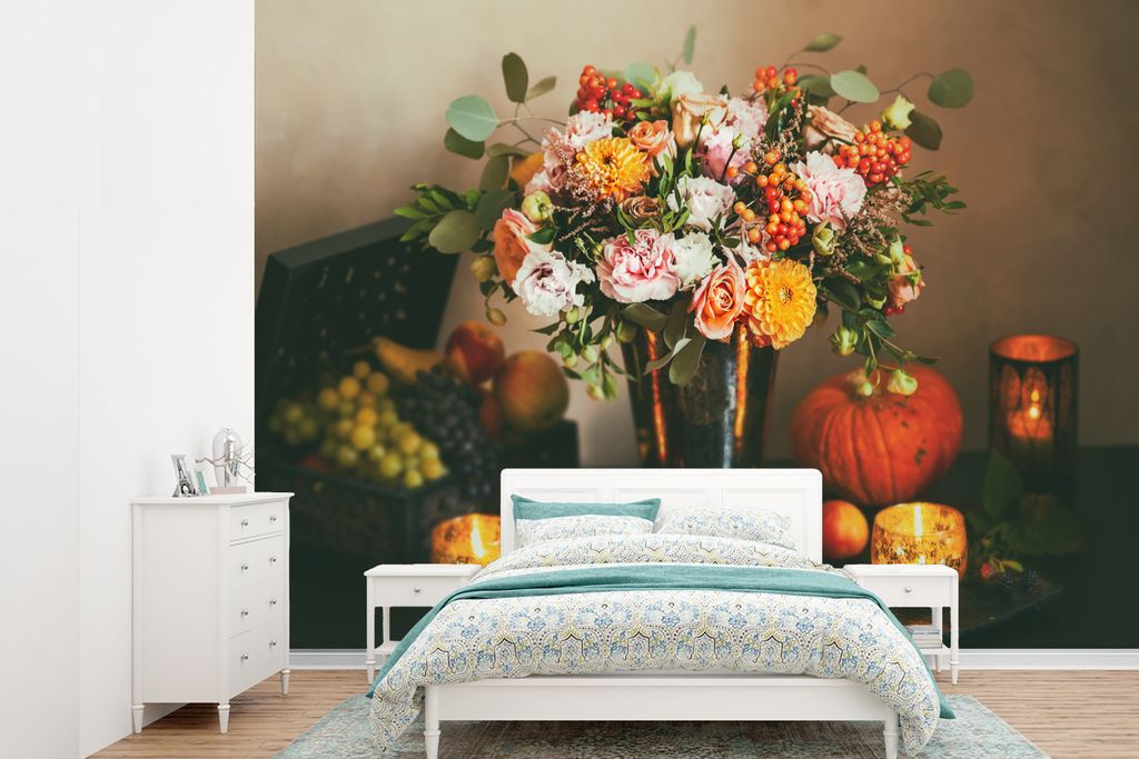MuchoWow Fototapete für Wohnzimmer oder Schlafzimmer Wandtapete Vinyl Motivtapete Stilleben - Kürbis - Kerzen - 330x240 cm - Vinyltapete