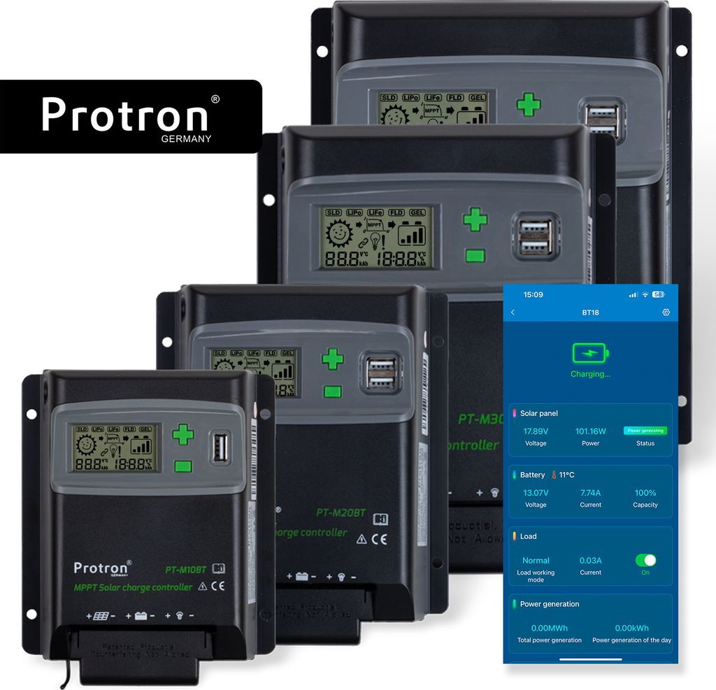Protron PT-Serie - MPPT Solar Laderegler 10A, 20A, 30A, 40A für Solarpanel 12V / 24V inkl. BT und APP, Typ:PT-M40BT, MwSt.-Ermäßigung:Ja - 0% Mw...