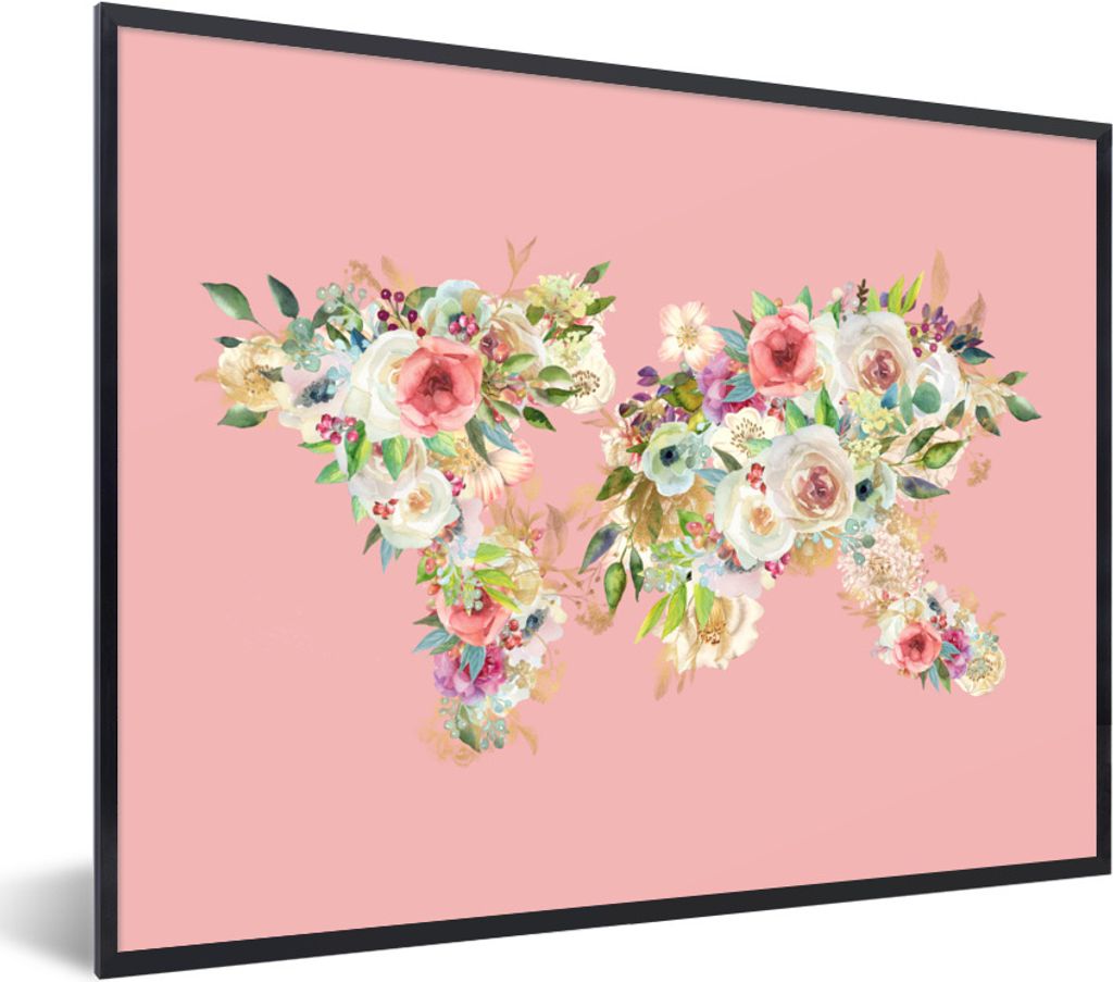 MuchoWow Gerahmtes Poster Weltkarte - Rosen - Rosa 40x30 cm - Poster mit Schwarzem Bilderrahmen Wandposter Rahmen Foto Bilder - Kunstposter - Wan...