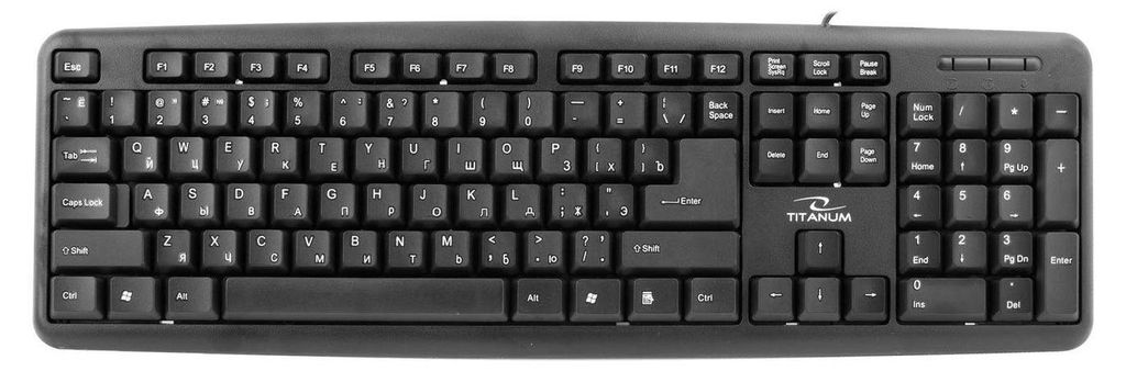 A top-down view of a black USB keyboard with a Russian layout.