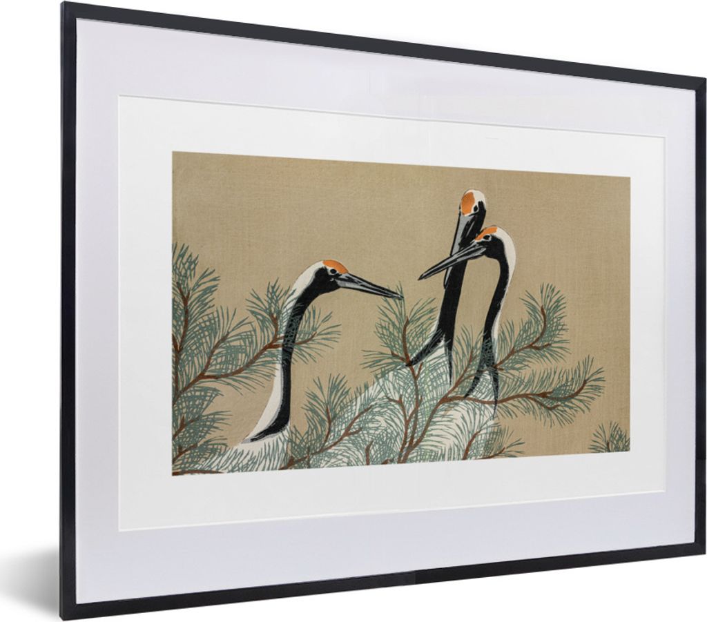 MuchoWow Gerahmtes Poster Kranich - Blätter - Vintage - Japanisch - Skandinavisch 40x30 cm - Poster mit Schwarzem Bilderrahmen Wandposter Rahmen...