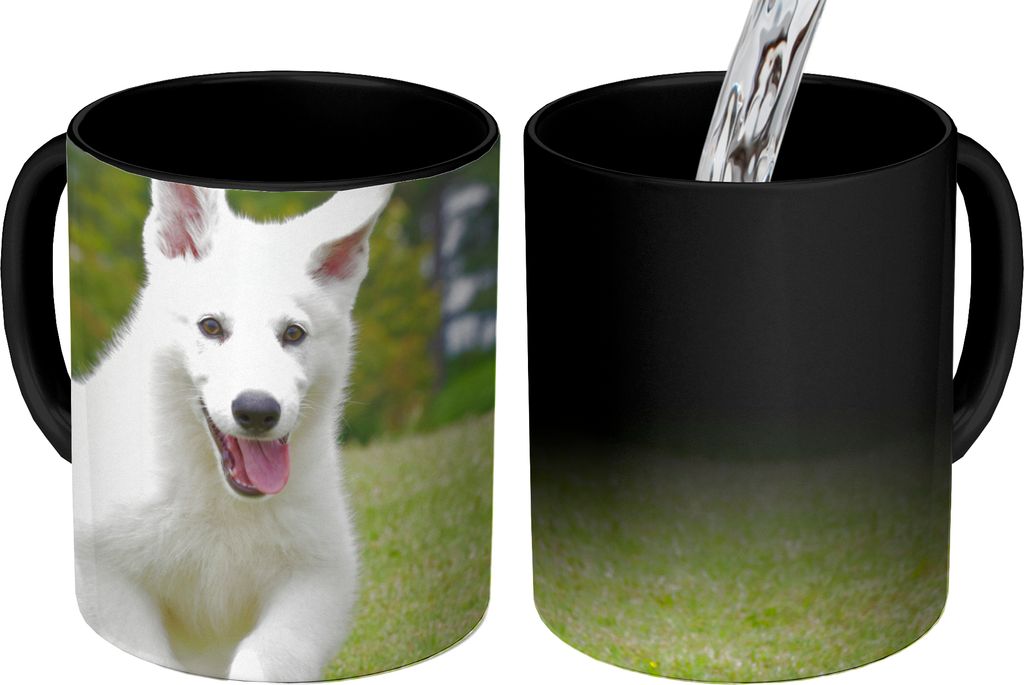 MuchoWow Zauber Tasse Zaubertasse Magic Der Welpe eines weißen Deutschen Schäferhundes 350 ml Farbwechsel Becher Geschenk Geschenkidee - Magic-...