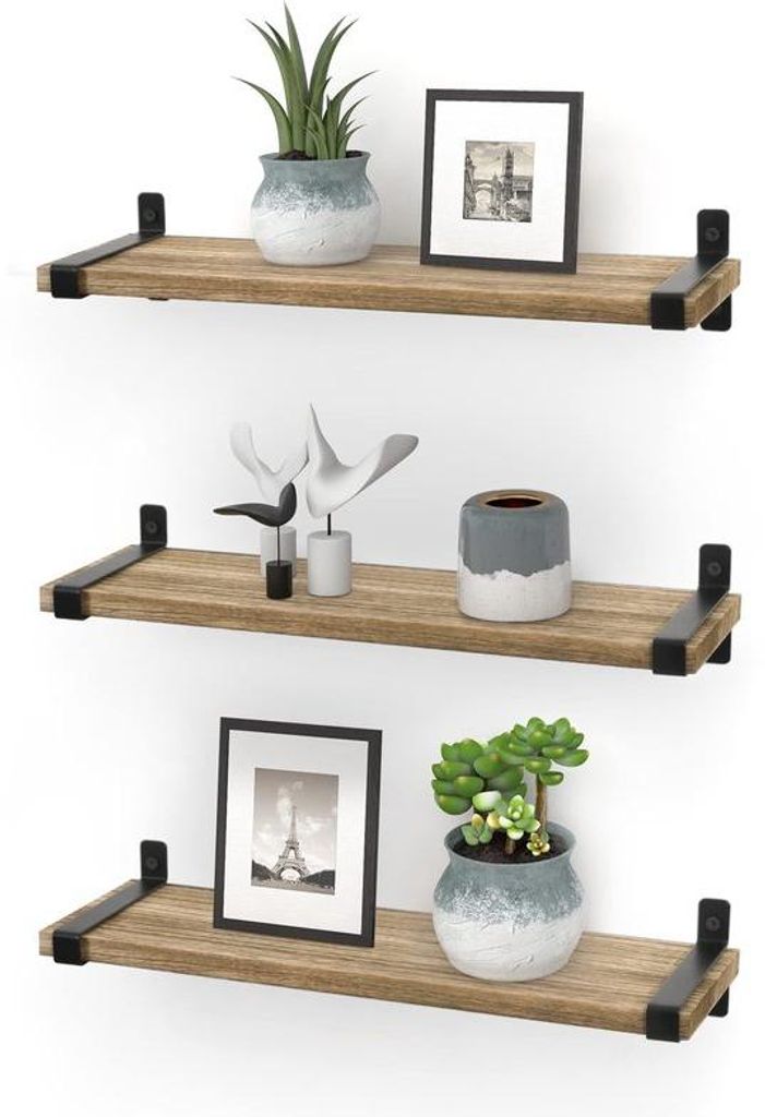 Unyqoos Set aus 3 stilvollen industriellen Wandregalen aus Paulownia-Holz mit verstellbaren Halterungen
