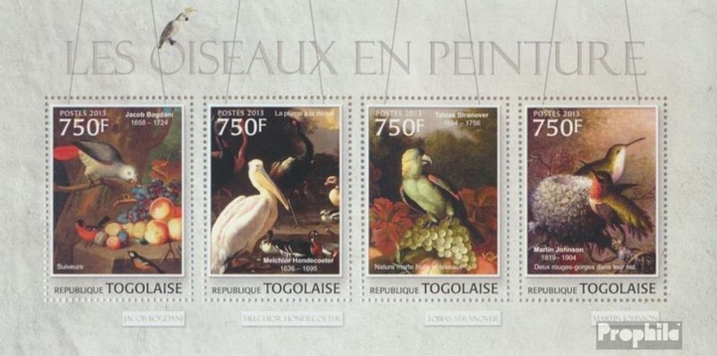 Briefmarken Togo 2013 Mi 4731-4734 Kleinbogen (kompl. Ausgabe) postfrisch Vögel in der Malerei