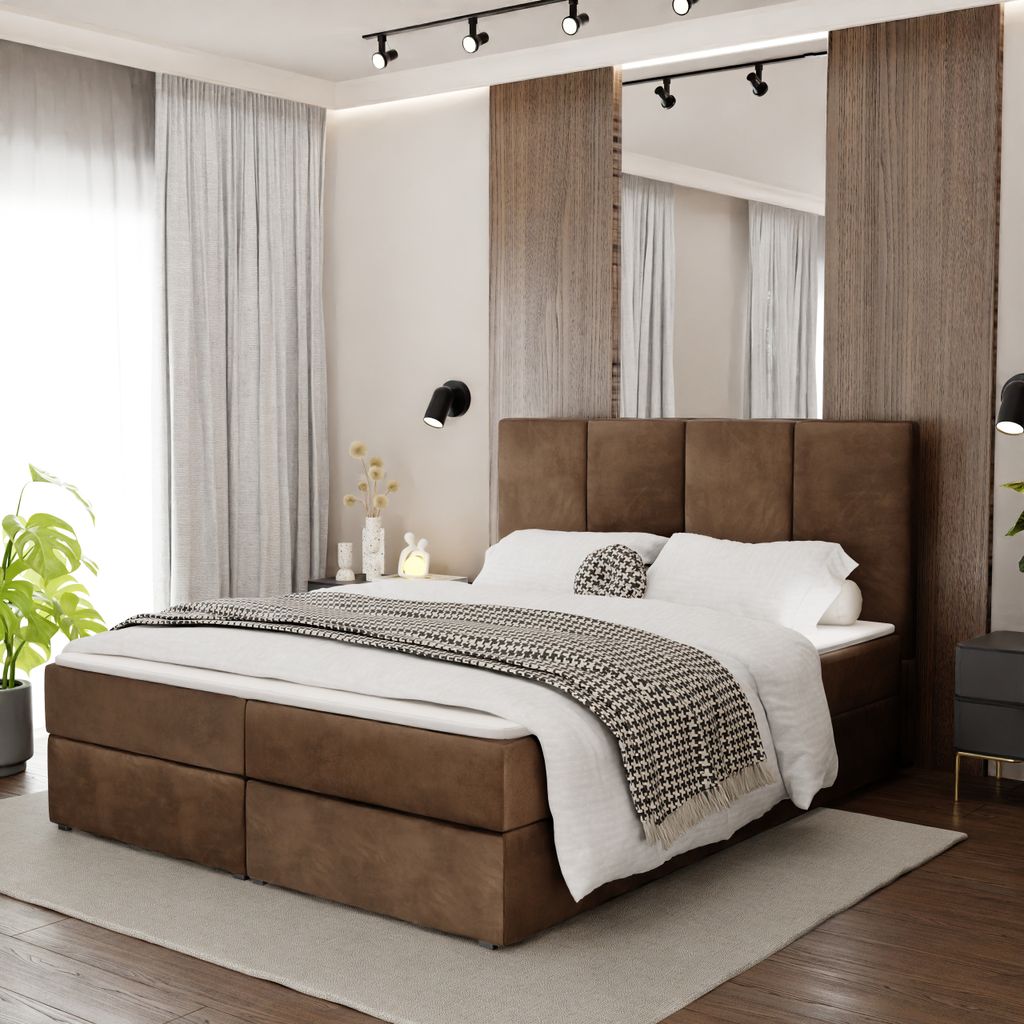 Muralo KONTINENTALBETT für Schlafzimmer Polsterbett mit zwei Bettkasten Bett mit Polsterkopfteil Doppelbett 140x200 Bett mit Stauraum Braun