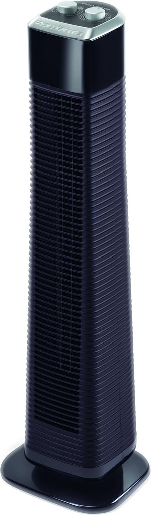 A black tower fan with silver accents on a white background.