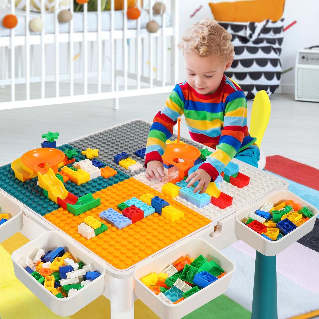 Aopunly Kindertisch mit Stühle Kindersitzgruppe mit 251Stück Bausteine Mehrzweck Tabelle ,mit 2 Stühlen,Sitzgruppe für Kinder mit Stauraum